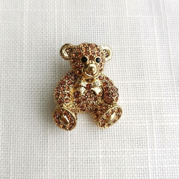 Vintage teddy bear brooch pin gold tone crystals - Picture 5 of 5